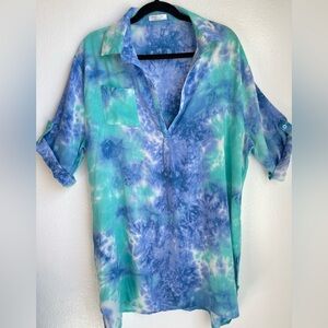 Ekouaer Women's Tie-Dye V-Neck Tunic in Blue & Teal Size XL